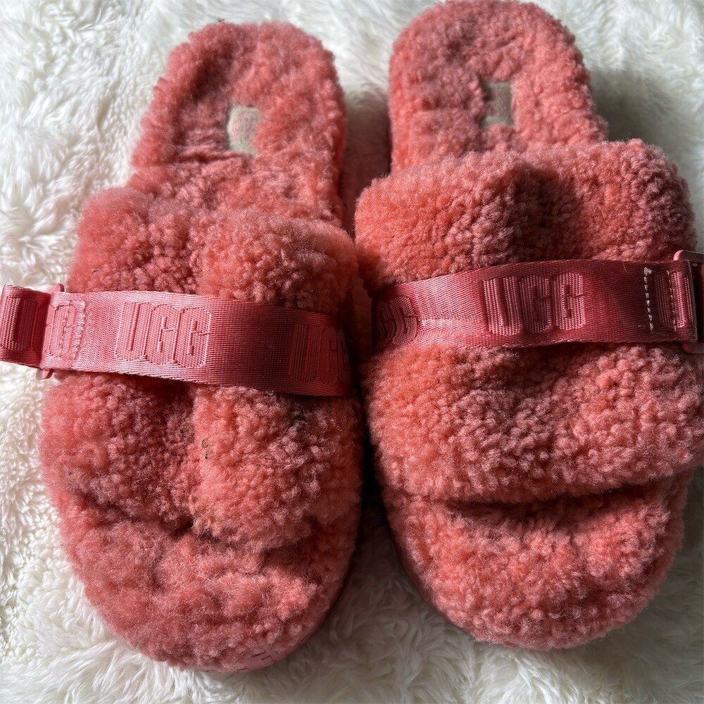 UGG Fluffita Women's Platform Slide Slippers Pink Adjustable Strap Open